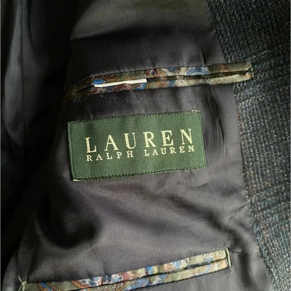 Ralph Lauren Blazer Men’s 42 Regular 100% Wool Suit Navy Blue Plaid Suede Patch